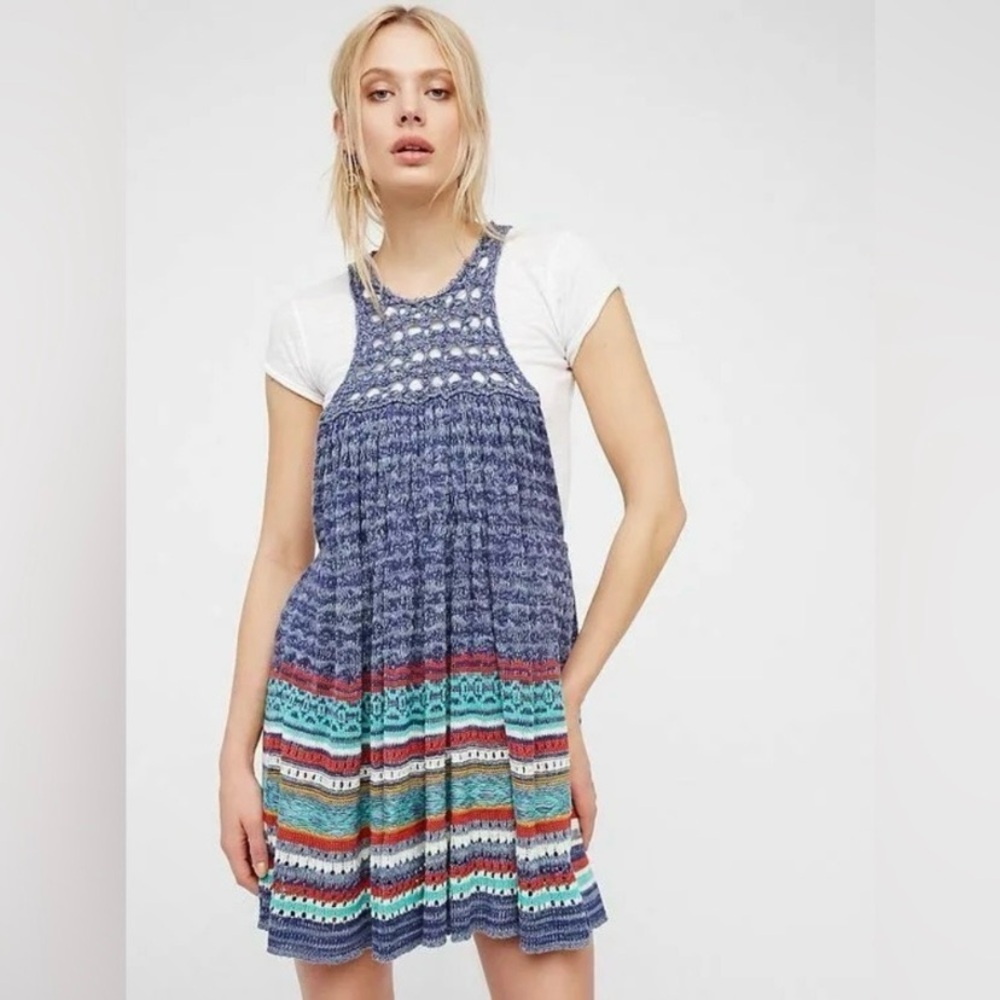 Free People RARE blue Hearts Above Knit Crochet Tunic Dress Sz small GUC boho
